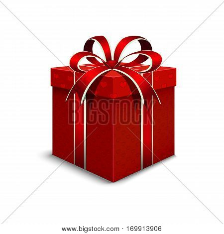 3d packaging Valentine's Day. Realistic package with red color. Beautiful festive box tied with ribbon and bow on top. Gift with hearts for your loved one.