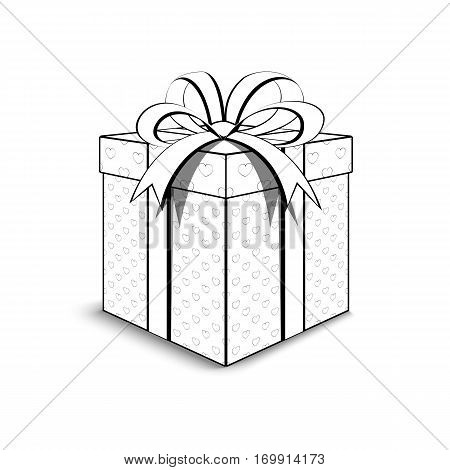 3d packaging Valentine's Day. Contour white packaging. Beautiful festive box tied with ribbon and bow on top. Gift with hearts for your loved one. Illustration for color book.