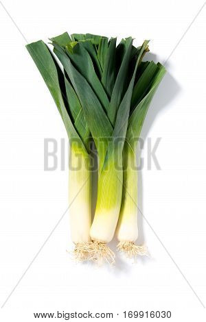 Bunch of leek stalks on a white background