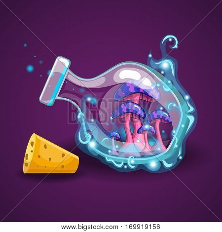 Cartoon bottles of potions with mushrooms. Game design