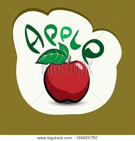 Apple with the title on the label. Sticker with a vegetarian product and its name. A beautiful illustration of a tropical fruit. Food in a cartoon style.