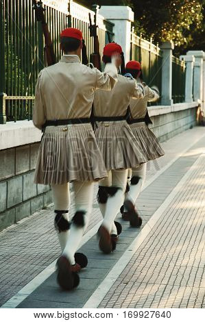 Soldiers from guard of honour marching in traditional military uniform Athens Greece