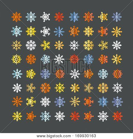 Different vector color snowflakes collection isolated on transparent. Vector ice crystal set on dark background