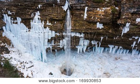 Aeriel view of frozen waterfall. Pericnik in Triglav national park, Slovenia.