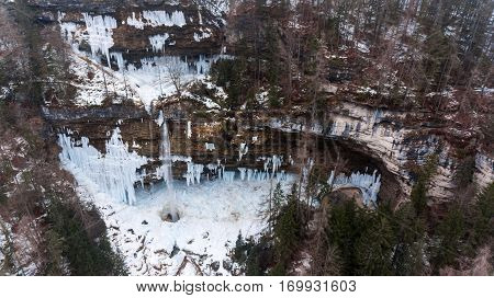 Aeriel view of frozen waterfall. Pericnik in Triglav national park, Slovenia.