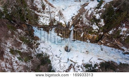 Aeriel view of frozen waterfall. Pericnik in Triglav national park, Slovenia.