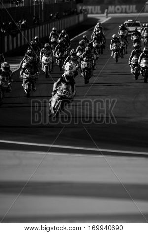 VALENCIA, SPAIN - NOV 13: Moto3 race during Motogp Grand Prix of the Comunidad Valencia on November 13, 2016 in Valencia, Spain.