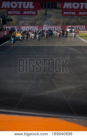VALENCIA, SPAIN - NOV 13: Moto3 race during Motogp Grand Prix of the Comunidad Valencia on November 13, 2016 in Valencia, Spain.