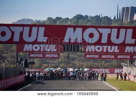 VALENCIA, SPAIN - NOV 13: Moto3 race during Motogp Grand Prix of the Comunidad Valencia on November 13, 2016 in Valencia, Spain.