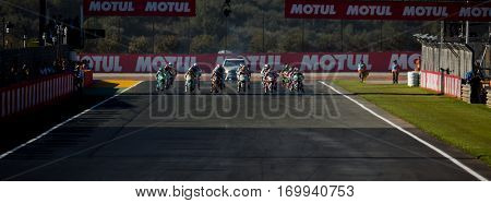 VALENCIA, SPAIN - NOV 13: Moto3 race during Motogp Grand Prix of the Comunidad Valencia on November 13, 2016 in Valencia, Spain.