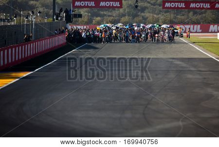 VALENCIA, SPAIN - NOV 13: Moto3 race during Motogp Grand Prix of the Comunidad Valencia on November 13, 2016 in Valencia, Spain.