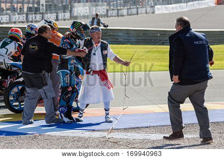 VALENCIA, SPAIN - NOV 13: Moto3 race during Motogp Grand Prix of the Comunidad Valencia on November 13, 2016 in Valencia, Spain.