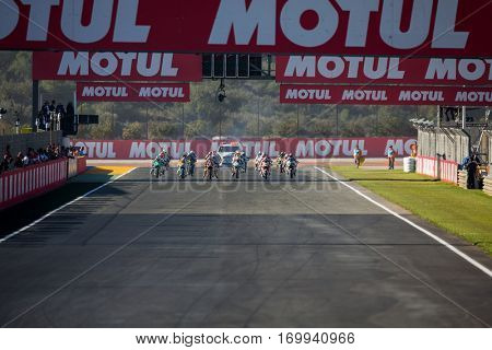 VALENCIA, SPAIN - NOV 13: Moto3 race during Motogp Grand Prix of the Comunidad Valencia on November 13, 2016 in Valencia, Spain.
