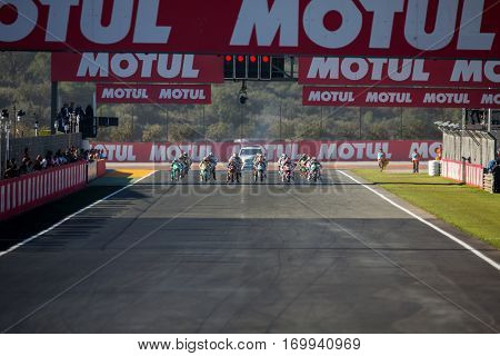VALENCIA, SPAIN - NOV 13: Moto3 race during Motogp Grand Prix of the Comunidad Valencia on November 13, 2016 in Valencia, Spain.