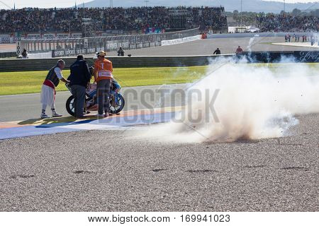 VALENCIA, SPAIN - NOV 13: Moto3 race during Motogp Grand Prix of the Comunidad Valencia on November 13, 2016 in Valencia, Spain.