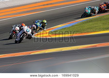 VALENCIA, SPAIN - NOV 13: Moto3 race during Motogp Grand Prix of the Comunidad Valencia on November 13, 2016 in Valencia, Spain.
