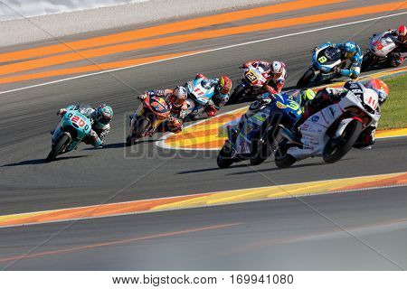 VALENCIA, SPAIN - NOV 13: Moto3 race during Motogp Grand Prix of the Comunidad Valencia on November 13, 2016 in Valencia, Spain.