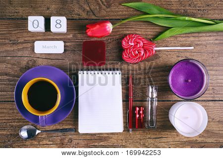 Set of woman accessories. Holiday concept. Top View