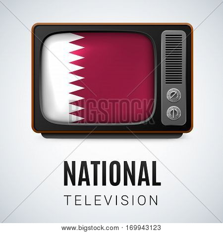 Vintage TV and Flag of Qatar as Symbol National Television. Tele Receiver with Qatari flag