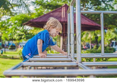 Boy Playing On The Playground In The Background Of Green Grass