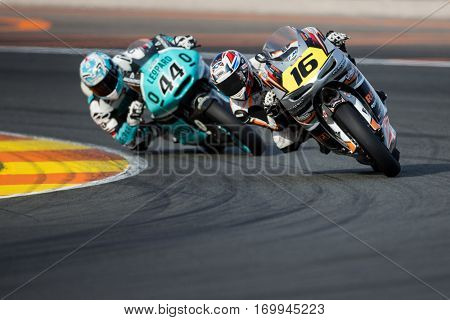 VALENCIA, SPAIN - NOV 12: 16 Clere, 44 Oliveira in Moto2 Qualifying during Motogp Grand Prix of the Comunidad Valencia on November 12, 2016 in Valencia, Spain.
