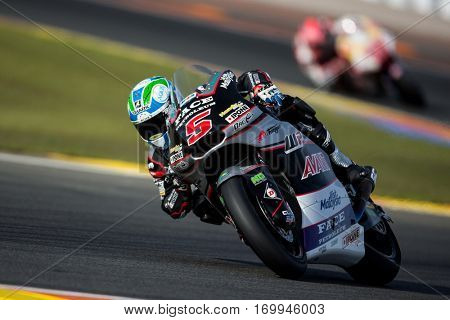VALENCIA, SPAIN - NOV 12: Johann Zarco in Moto2 Qualifying during Motogp Grand Prix of the Comunidad Valencia on November 12, 2016 in Valencia, Spain.
