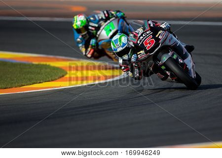 VALENCIA, SPAIN - NOV 12: Johann Zarco in Moto2 Qualifying during Motogp Grand Prix of the Comunidad Valencia on November 12, 2016 in Valencia, Spain.