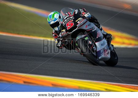 VALENCIA, SPAIN - NOV 12: Johann Zarco in Moto2 Qualifying during Motogp Grand Prix of the Comunidad Valencia on November 12, 2016 in Valencia, Spain.