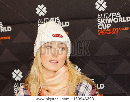 STOCKHOLM SWEDEN - JAN 30 2017: Mikaela Shiffrin interviewed at a press conference before the parallel slalom Audi FIS Ski World Cup. January 30 2017 Stockholm Sweden