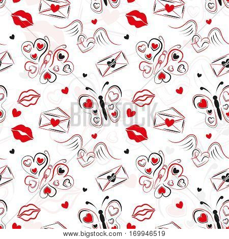 This love seamless pattern with hearts, lips, kisses, butterflies and winged love letters is for the Valentine Day and other romantic ideas
