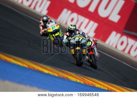 VALENCIA, SPAIN - NOV 12: 27 Lecuona, 19 Simeon in Moto2 Qualifying during Motogp Grand Prix of the Comunidad Valencia on November 12, 2016 in Valencia, Spain.