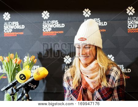 STOCKHOLM SWEDEN - JAN 30 2017: Smiling Mikaela Shiffrin interviewed at a press conference before the parallel slalom Audi FIS Ski World Cup. January 30 2017 Stockholm Sweden