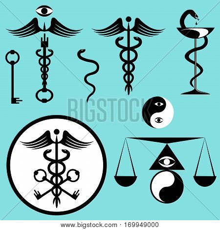 Black and white set caduceus. Kit of snake spiral wings keys yin-yang scales eye rod bowl icons. Vector illustration.