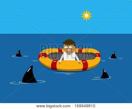 Man on a lifeboat in the sea with sharks around his boat