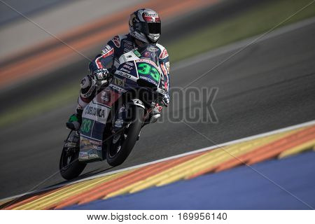 VALENCIA, SPAIN - NOV 11: Enea Bastianini during Moto3 practice in Motogp Grand Prix of the Comunidad Valencia on November 11, 2016 in Valencia, Spain.