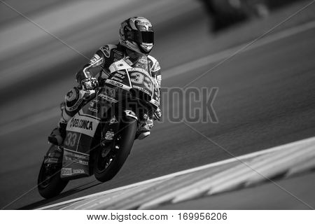 VALENCIA, SPAIN - NOV 11: Enea Bastianini during Moto3 practice in Motogp Grand Prix of the Comunidad Valencia on November 11, 2016 in Valencia, Spain.