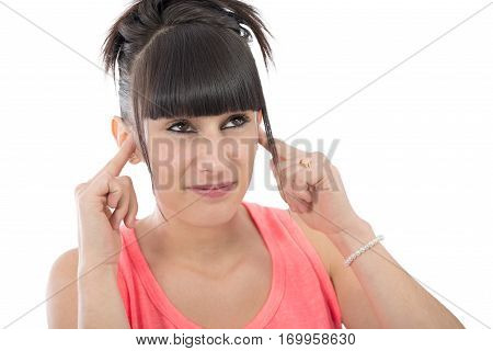 Brunette woman with a earache on white background
