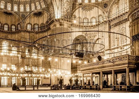 ISTANBUL, TURKEY - DECEMBER 11, 2015: Interior view of Sultan Ahmed Mosque or Blue Mosque. The mosque was built in 1609-1616 during the rule of sultan Ahmed I.