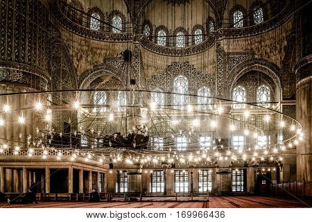 ISTANBUL, TURKEY - DECEMBER 11, 2015: Interior view of Sultan Ahmed Mosque or Blue Mosque. The mosque was built in 1609-1616 during the rule of sultan Ahmed I.