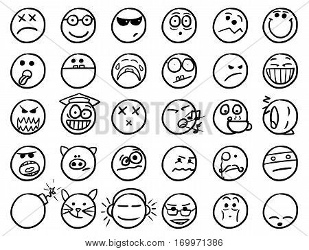 Set 2 of smiley icons drawings doodles in black and white
