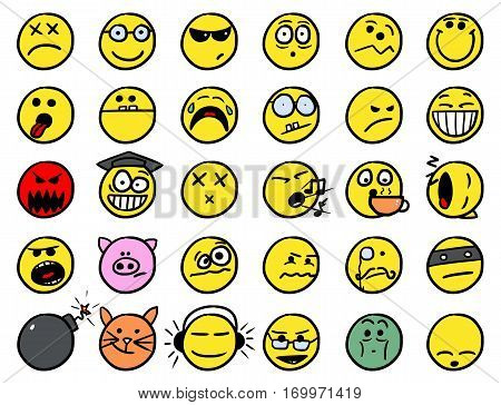 Set 2 of smiley icons drawings doodles in color