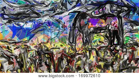 Abstract painting. Horse in the field.