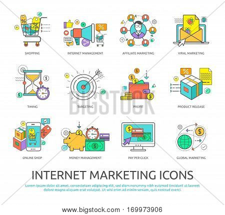 Set of flat line design icons of internet marketing and business for graphic and web designers.