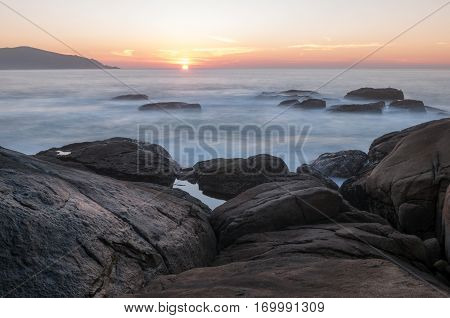 Sunset by the sea in Muxia, A Coruna Spain