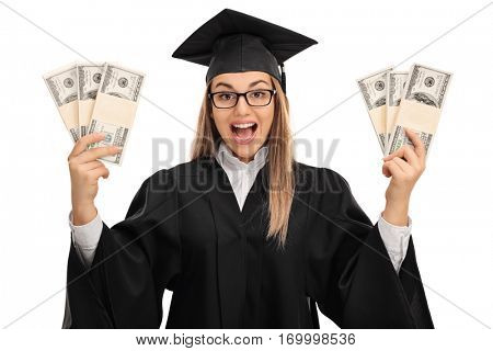 Overjoyed graduate student holding bundles of money isolated on white background