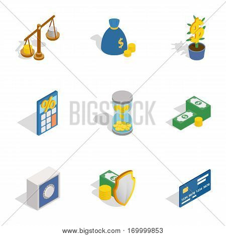 Money and finance icons set. Isometric 3d illustration of 9 money and finance vector icons for web