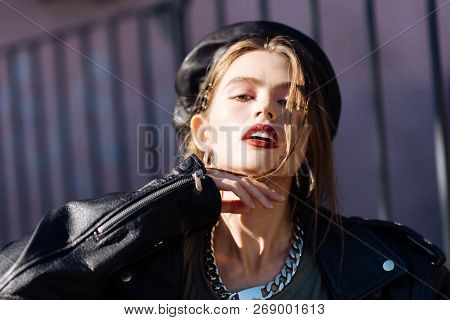 Portrait Of Young Appealing Photo Model With Nice Makeup And Bright Lips
