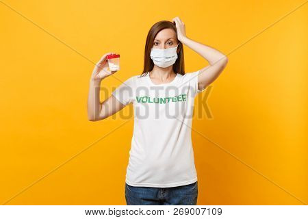 Portrait Woman In White T-shirt Written Inscription Green Title Volunteer, Sterile Face Mask With Pi