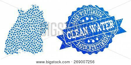 Map Of Baden-wurttemberg State Vector Mosaic And Clean Water Grunge Stamp. Map Of Baden-wurttemberg 