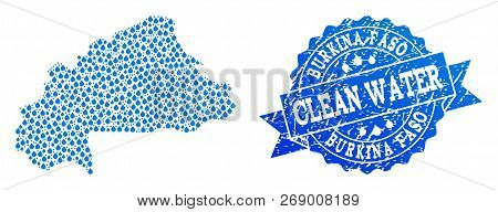 Map Of Burkina Faso Vector Mosaic And Clean Water Grunge Stamp. Map Of Burkina Faso Created With Blu